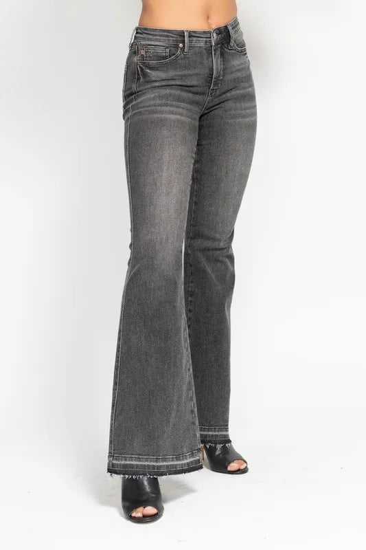Judy Blue Gray Midi Rise Tummy Control Washed Gray Release Hem Flare Jeans