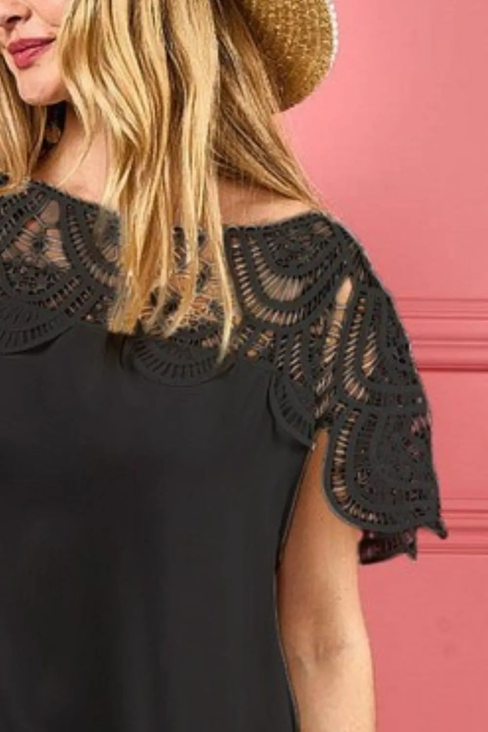 BiBi Black Crochet Lace Yoke Detailed Wrinkled Dress