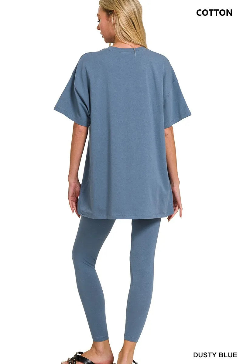 Zenana Light Olive Cotton Round Neck Top & Legging Set