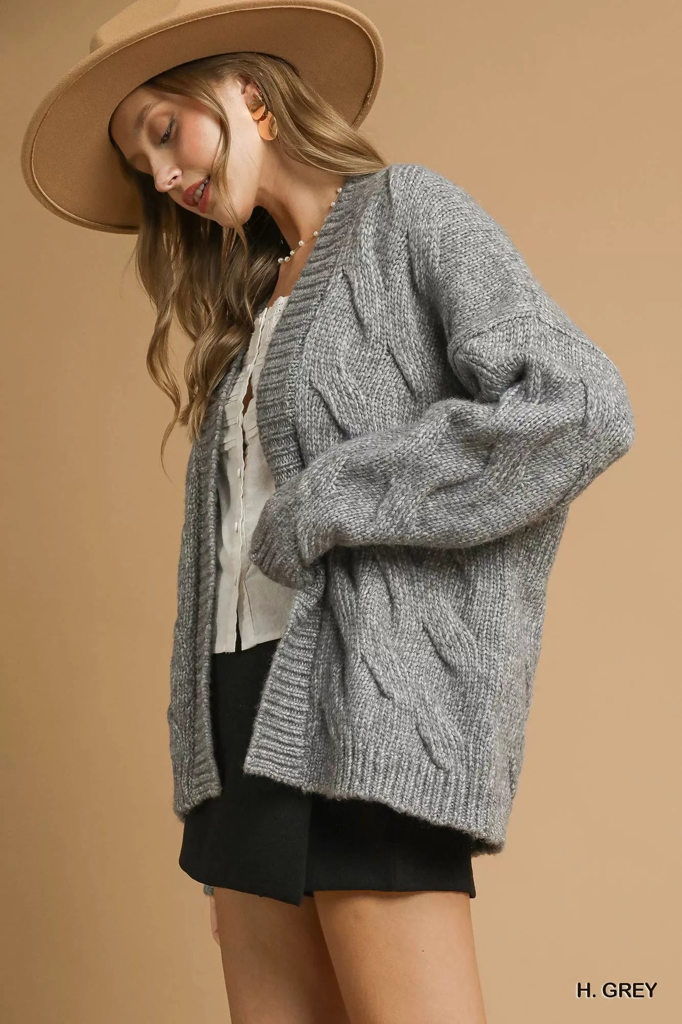 Umgee Heather Grey Chunky Cable Knit Open Front Cardigan