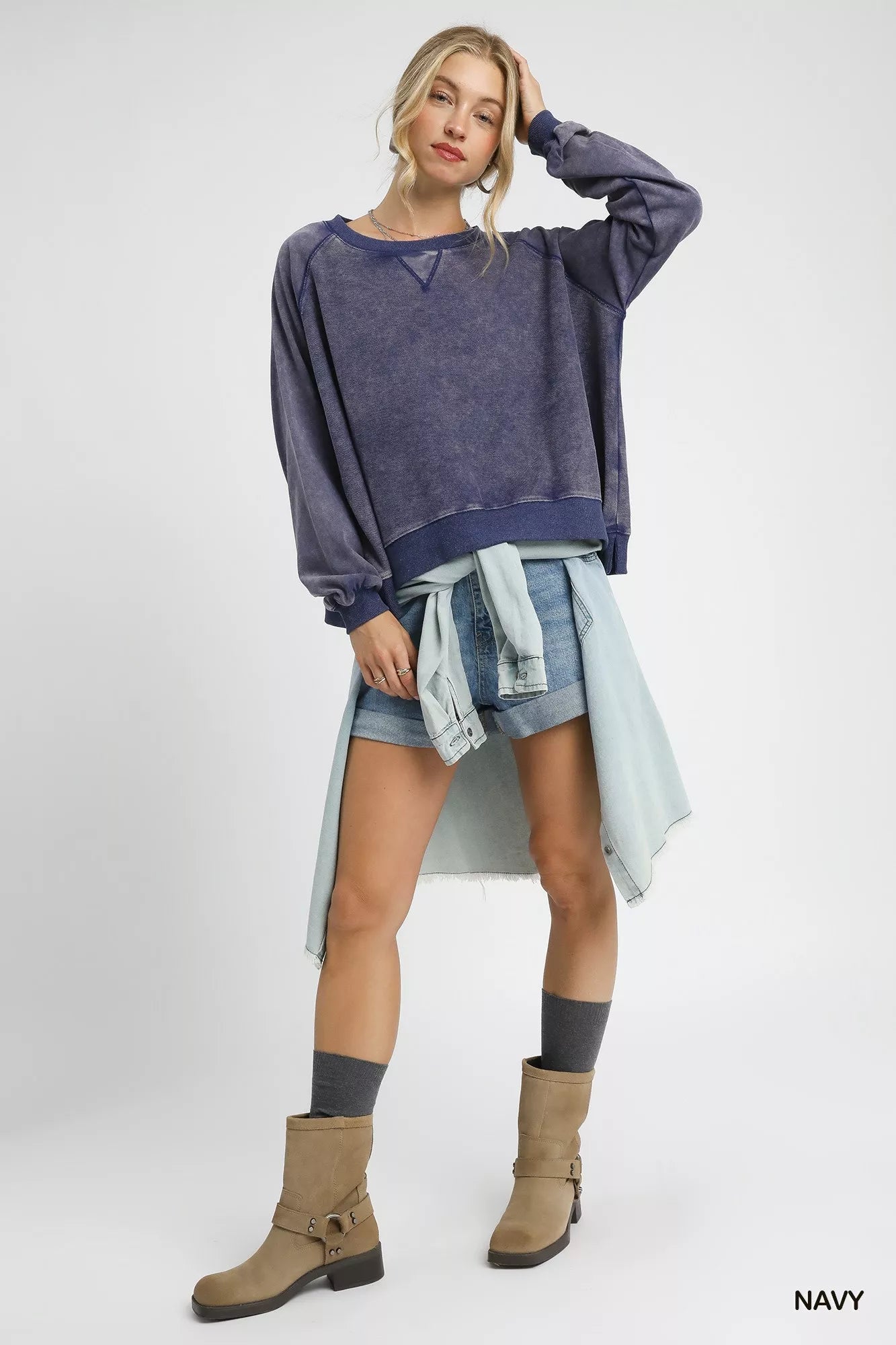Umgee Navy Mineral Wash French Terry Sweatshirt