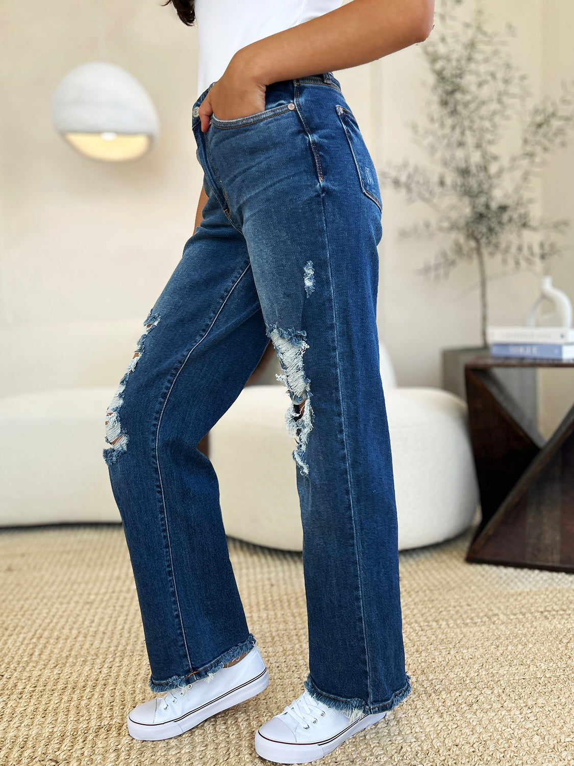 Judy Blue Mid Rise Distressed Raw Hem Jeans Jeans