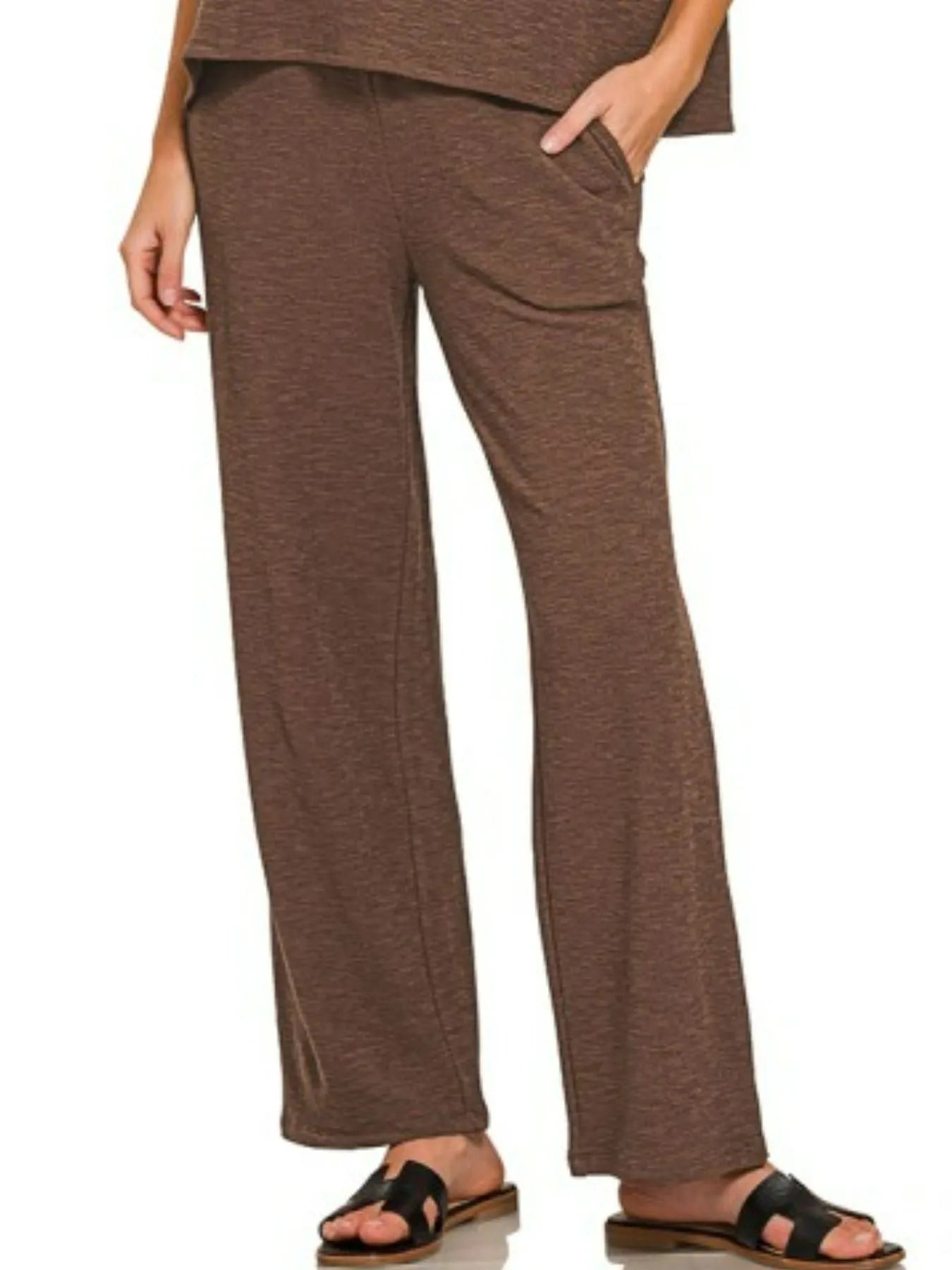 Zenana Brown Slub Short Sleeve T-Shirt and Pants Set