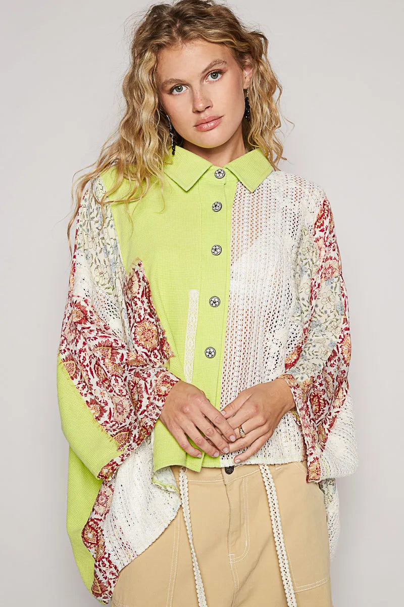 POL Neon Lime Thermal and Crochet Lace Mix Shirt with Floral Pattern NEON LIME