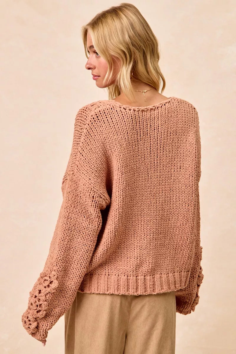 BiBi Dusty Peach Chunky Knit Sweater with Flower Detail Sleeves
