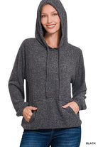 Zenana Black Brushed Hacci Melange Hooded Sweater