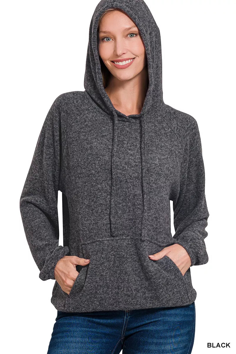 Zenana Black Brushed Hacci Melange Hooded Sweater