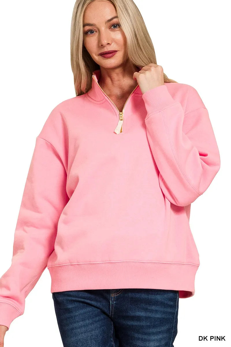 Zenana Dark Pink Fleece Half Zip Sweatshirt