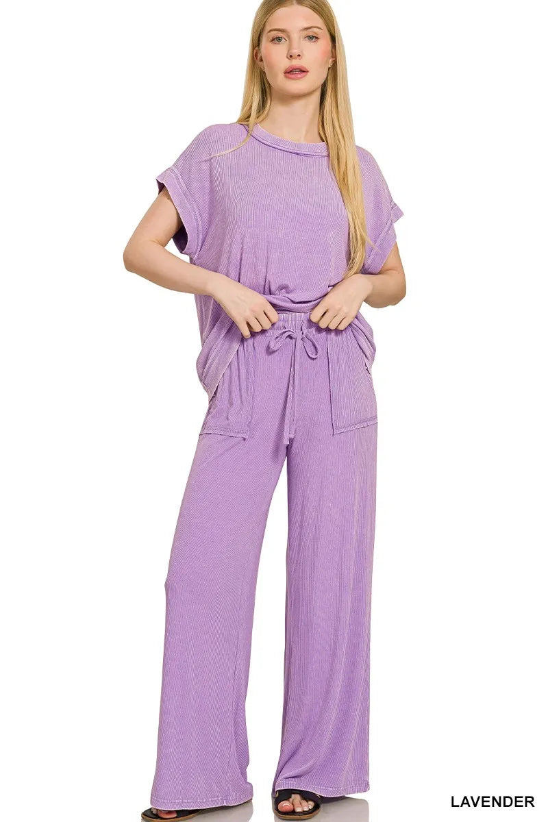 Zenana Lavender Ribbed Acid Wash Rayon Top & Pants Set LAVENDER