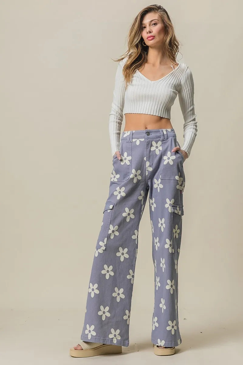 BiBi Dusty Lavender Flower Printed Side Pocket Wide Pants