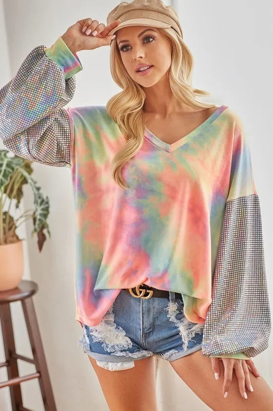 BiBi V Neck Tie Dye French Terry Top with Shiny Balloon Sleeves PASTEL TIEDYE
