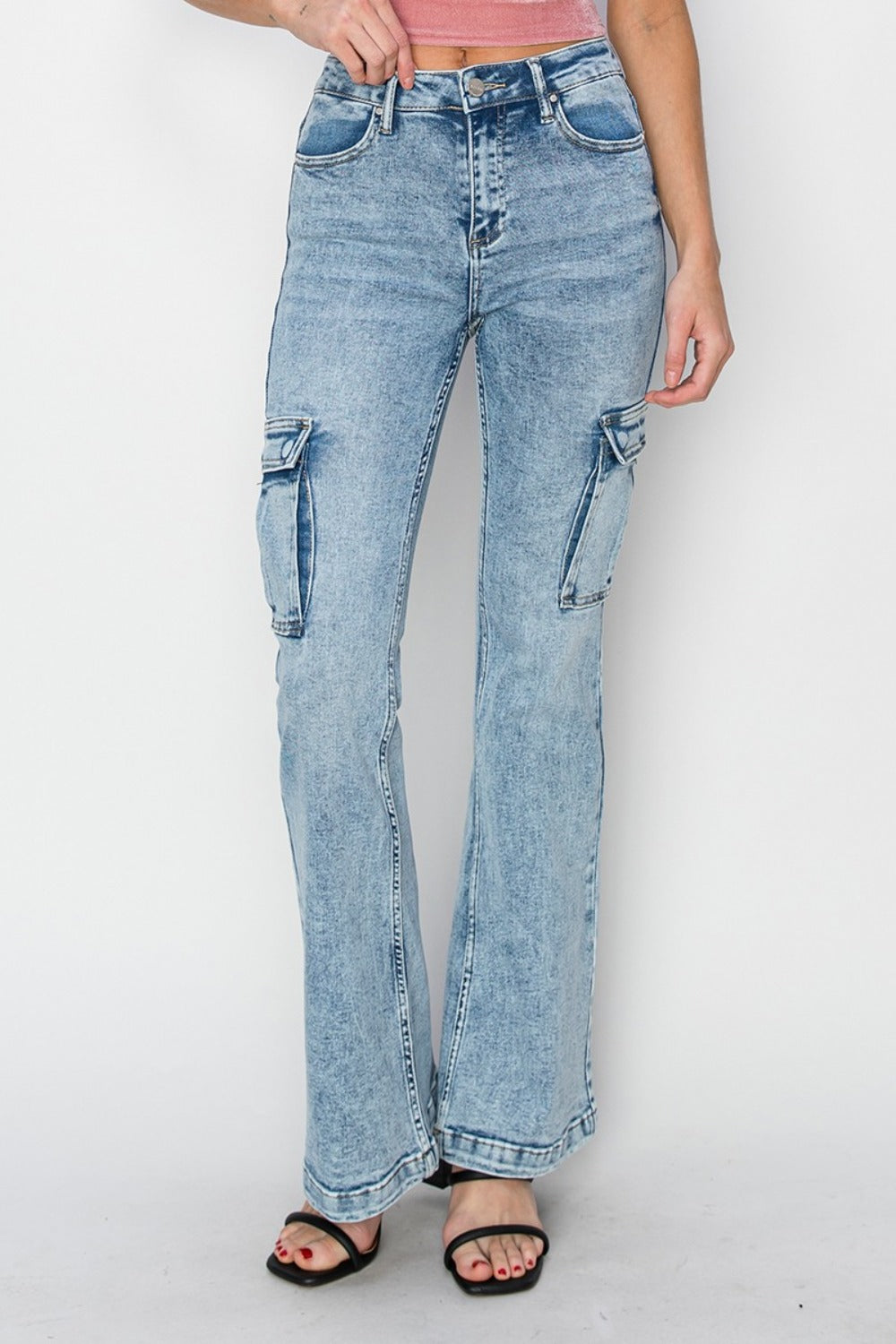 RISEN Medium Acid Washed High Rise Cargo Flare Jeans Acid Medium