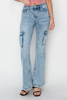 RISEN Medium Acid Washed High Rise Cargo Flare Jeans Acid Medium