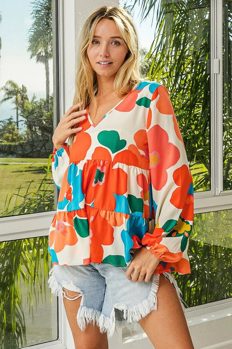 BiBi Floral Woven Tiered V Neck Top