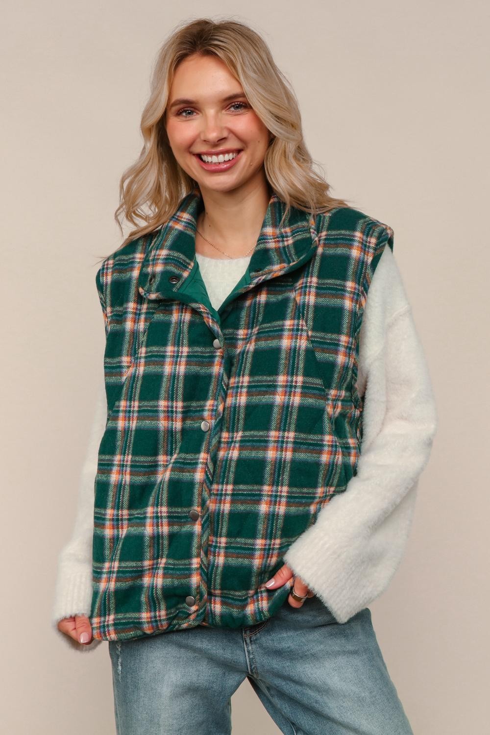 Haptics Green Snap Button Down Plaid Quilted Puffer Vest