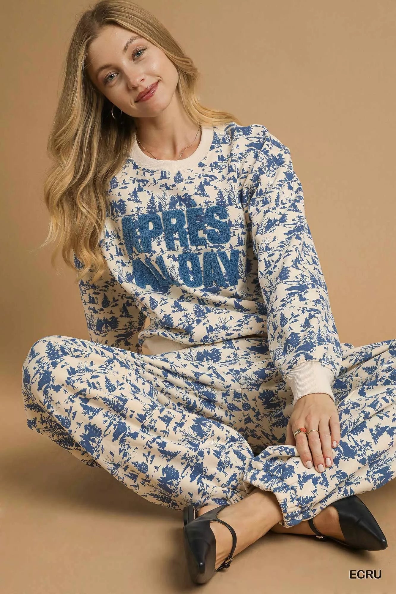 Umgee Ecru Scenic Print "Après All Day" Cropped Sweatshirt