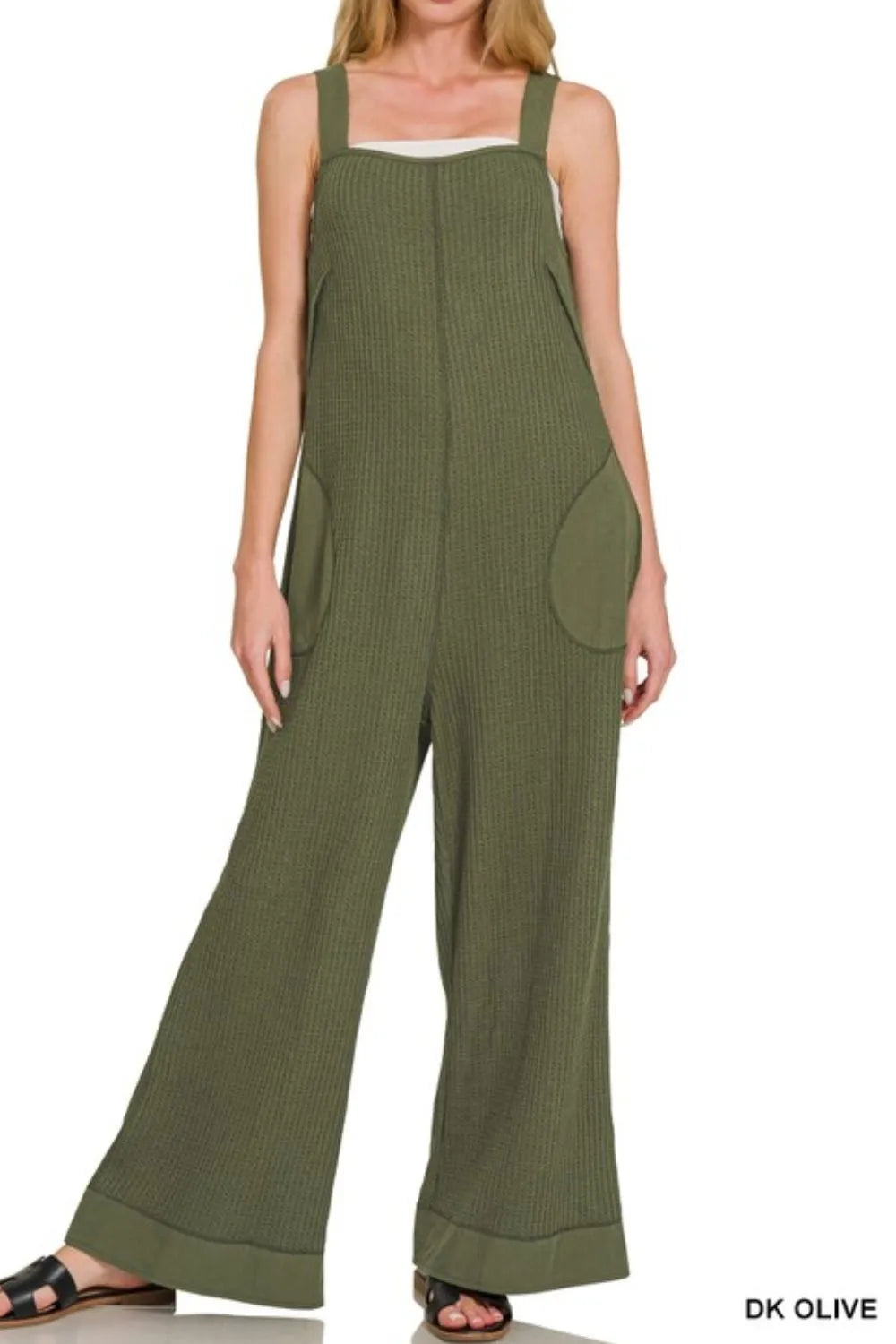 Zenana Dark Olive Knit Waffle Wide Leg Overalls