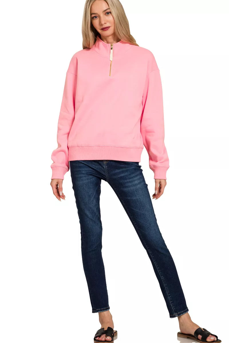 Zenana Dark Pink Fleece Half Zip Sweatshirt