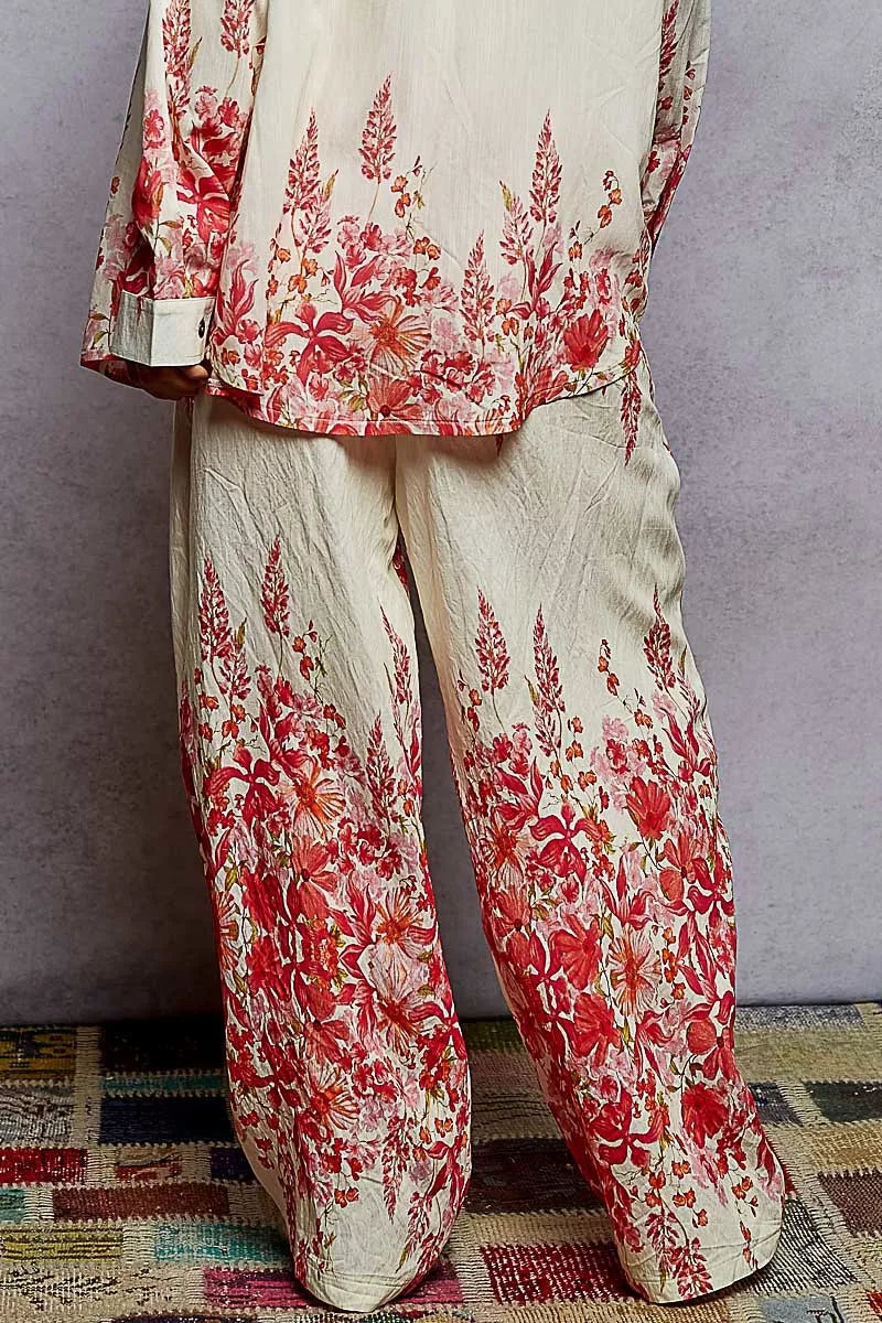 POL Ivory & Pink Floral Printed Woven Wide Leg Drawstring Pants
