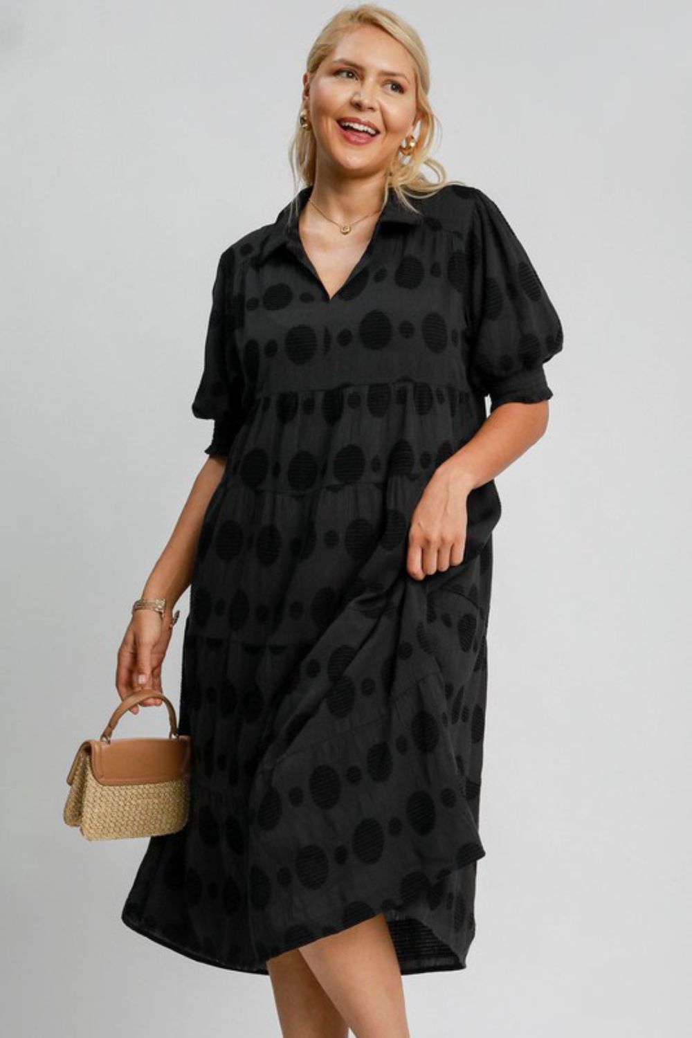Umgee Black Swiss Dot Short Sleeve Jacquard Tiered Midi Dress