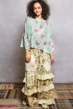 POL Apple Mint Butterflies Pattern Round Neck knit Top with Outseam Rolling Edge