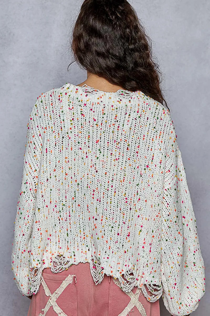 POL White Pink Round Neck Fringed Hem Sweater