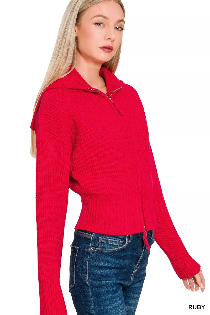 Zenana Ruby Ribbed Collared Zip Up Sweater Cardigan