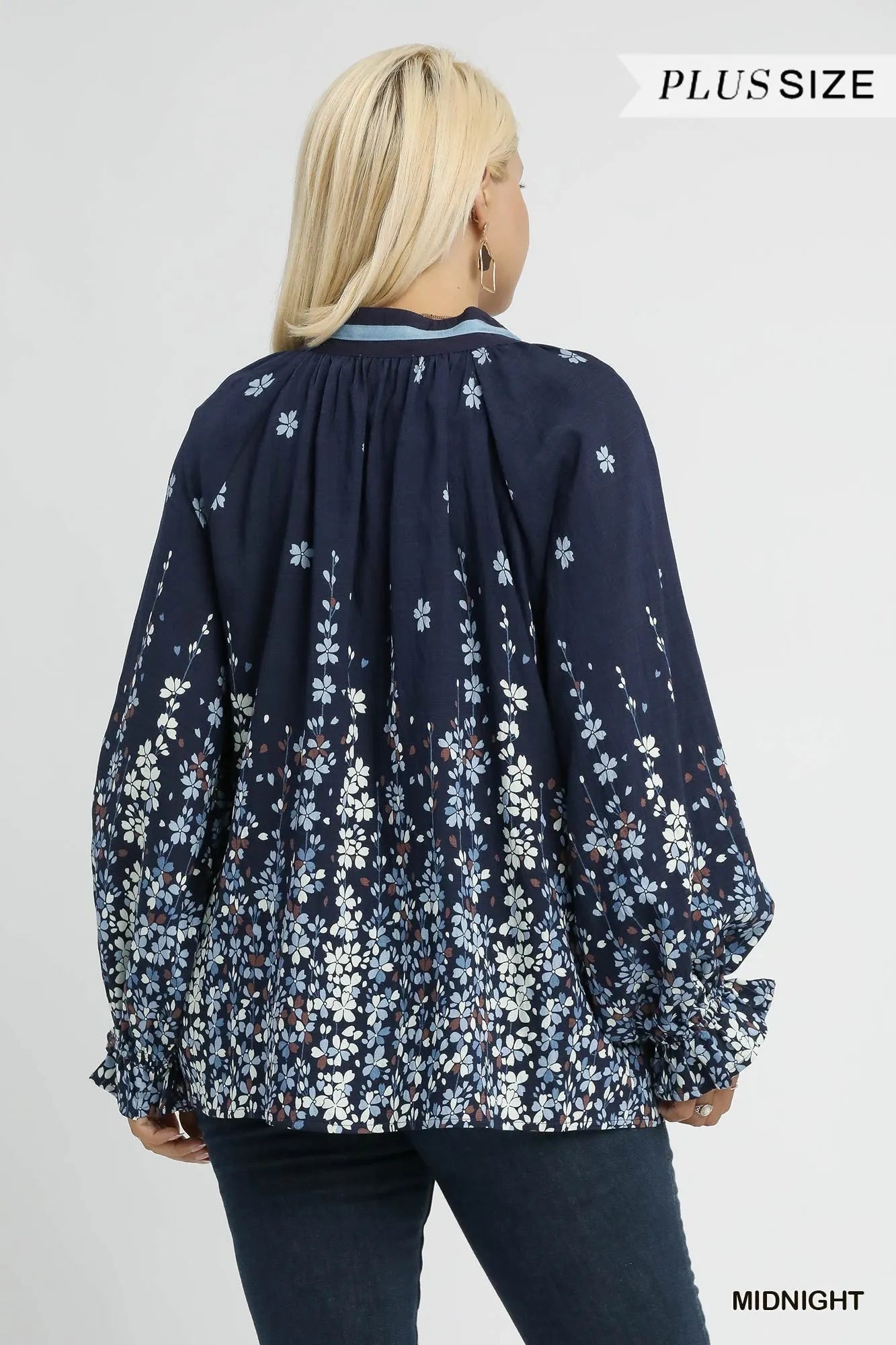 Umgee Midnight Floral Vine Print Blouse with Balloon Sleeves