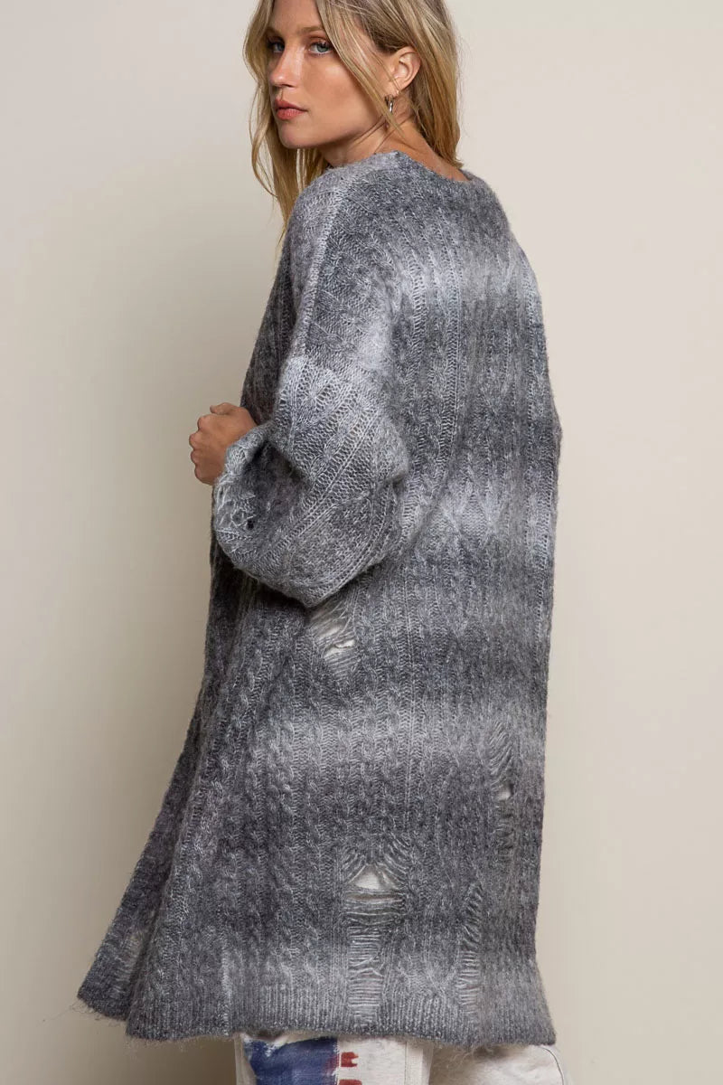 POL Distressed Cable-Knit Ombre Dying Cardigan