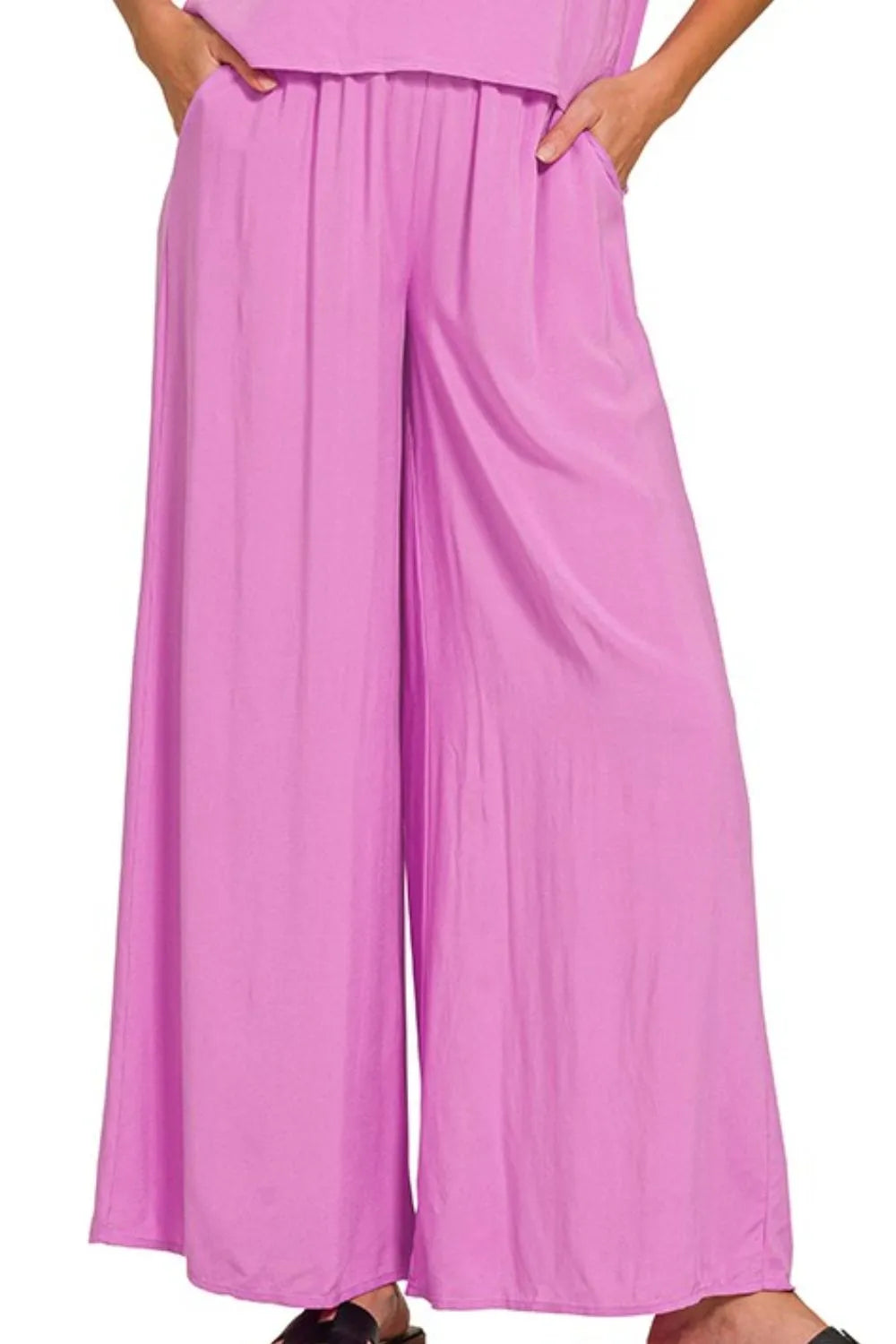 Zenana Bright Mauve Round Neck T-Shirt and Wide Leg Pants Set