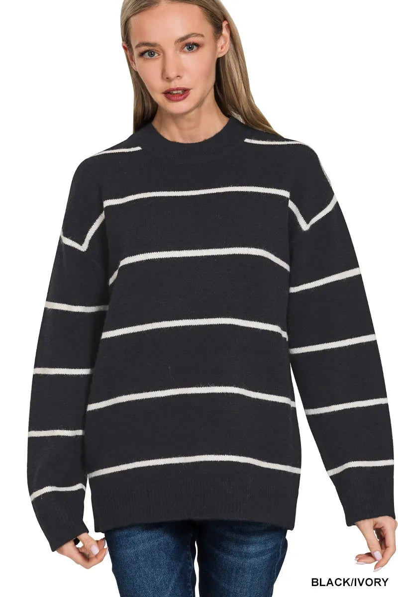Zenana Black & Ivory Round Neck Stripe Sweater BLACK IVORY
