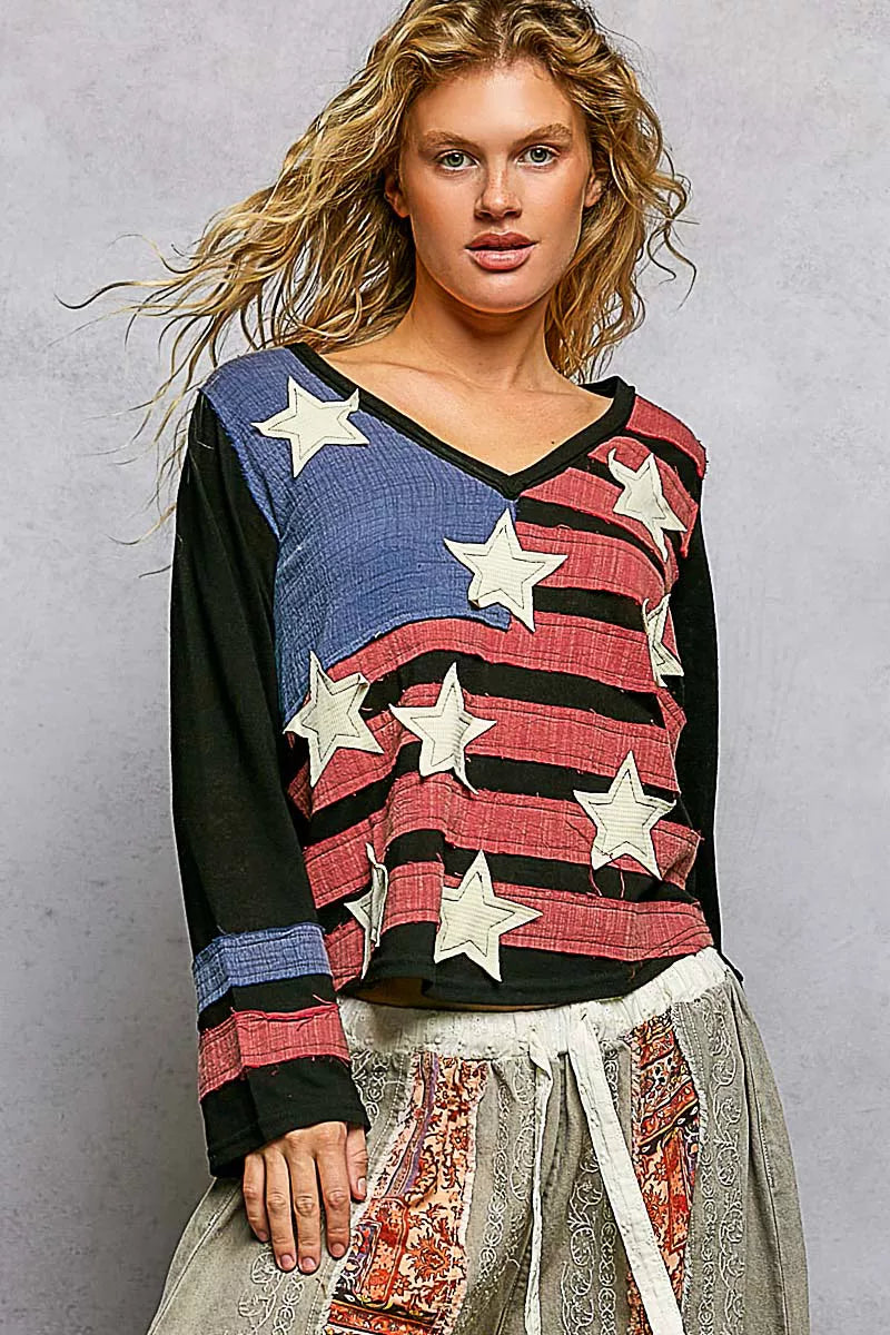 POL Double Gauze American Flag Patch V-Neck Long Sleeve T-Shirt BLACK MULTI