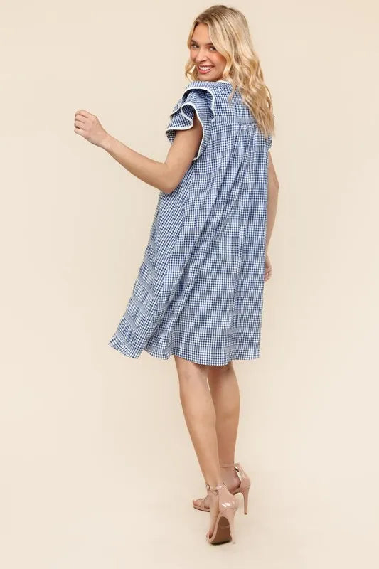 Haptics Navy Plaid Double Ruffle Sleeve Dress with Side Pockets