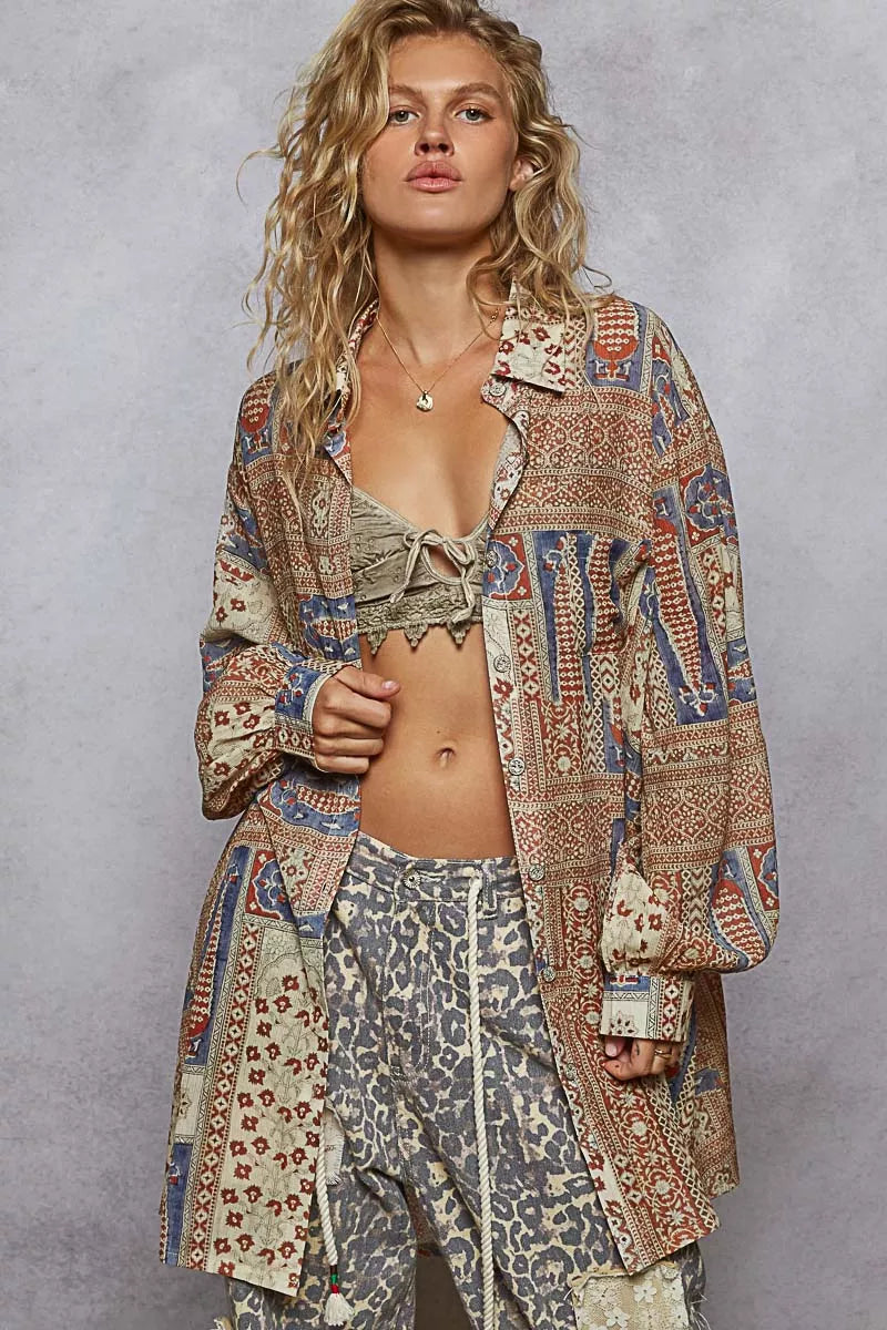POL Boho Printed Button Down Balloon Sleeve Oversized Shirt
