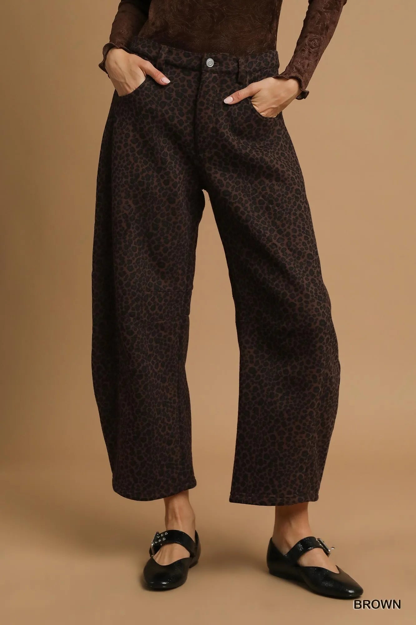 Umgee Leopard Print Non-Stretch Wide Leg Pants