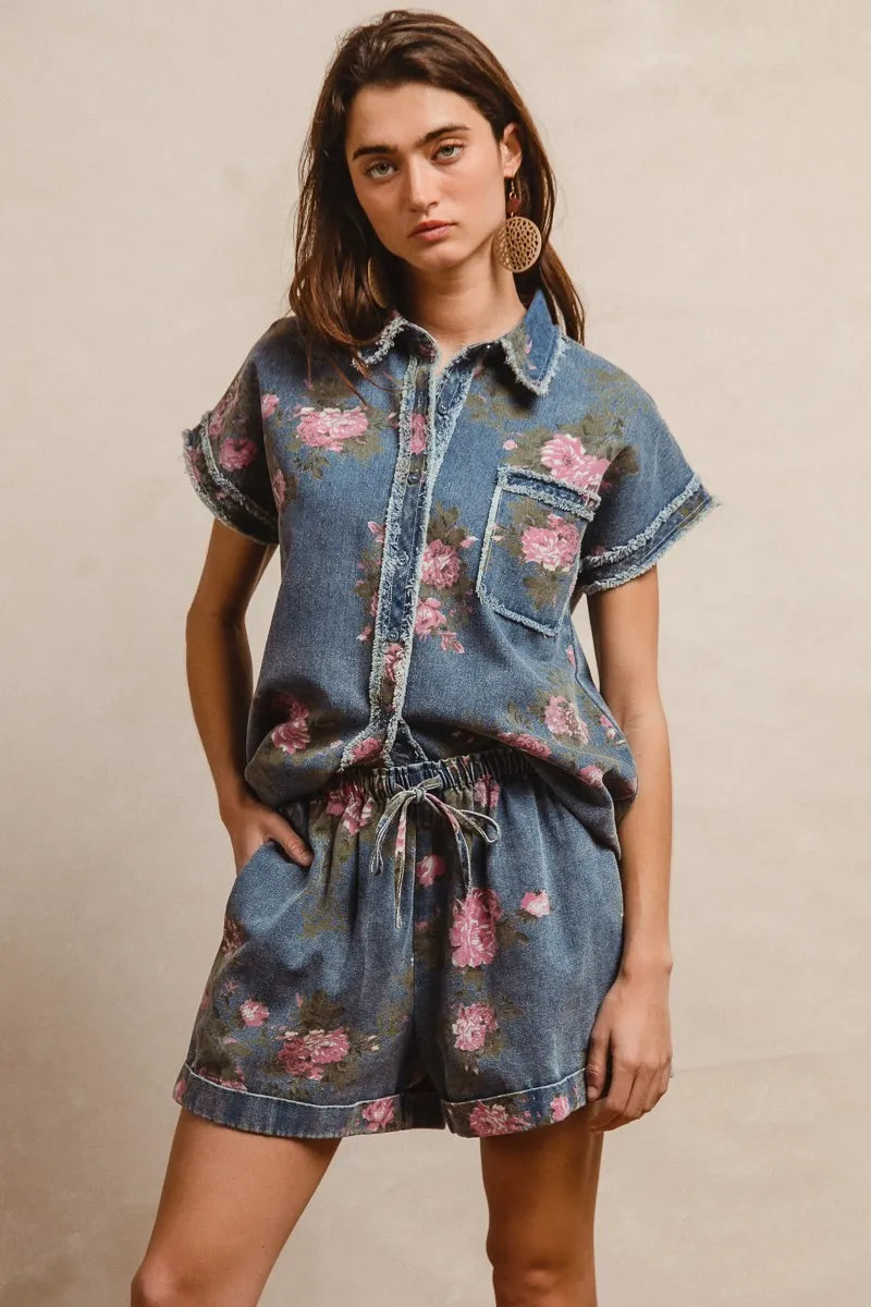 BiBi Floral Printed Denim Short With Pockets