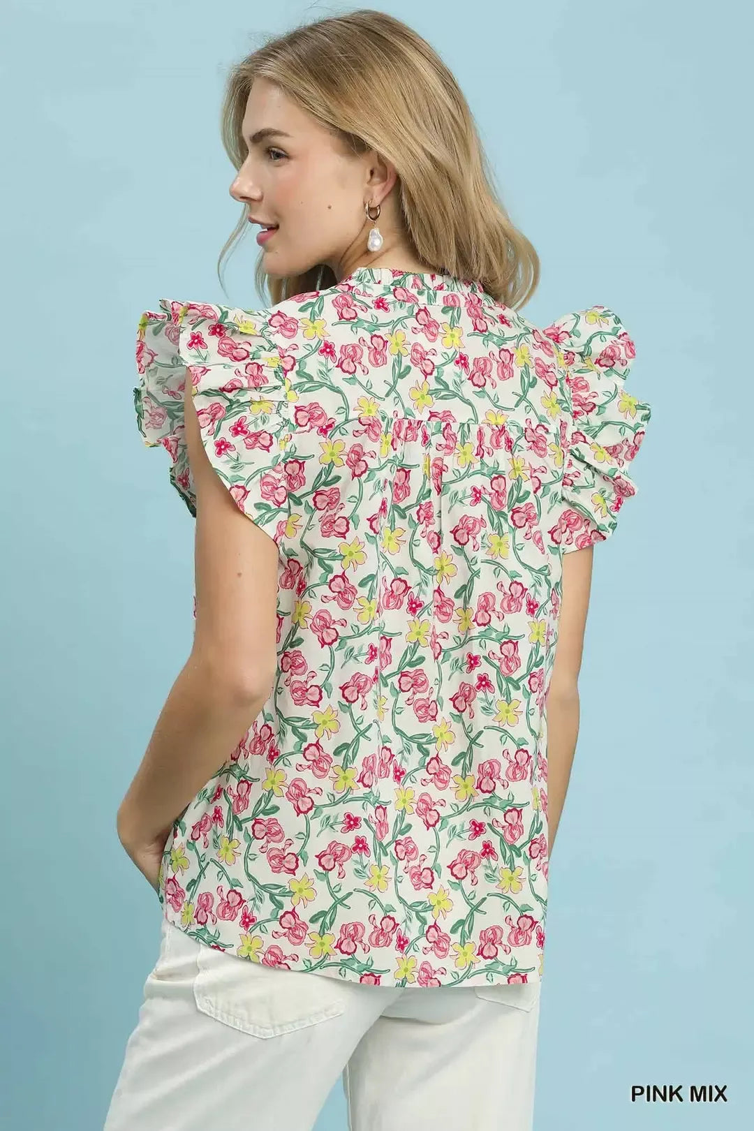 Umgee Floral Print Ruffle Cap Sleeve Blouse