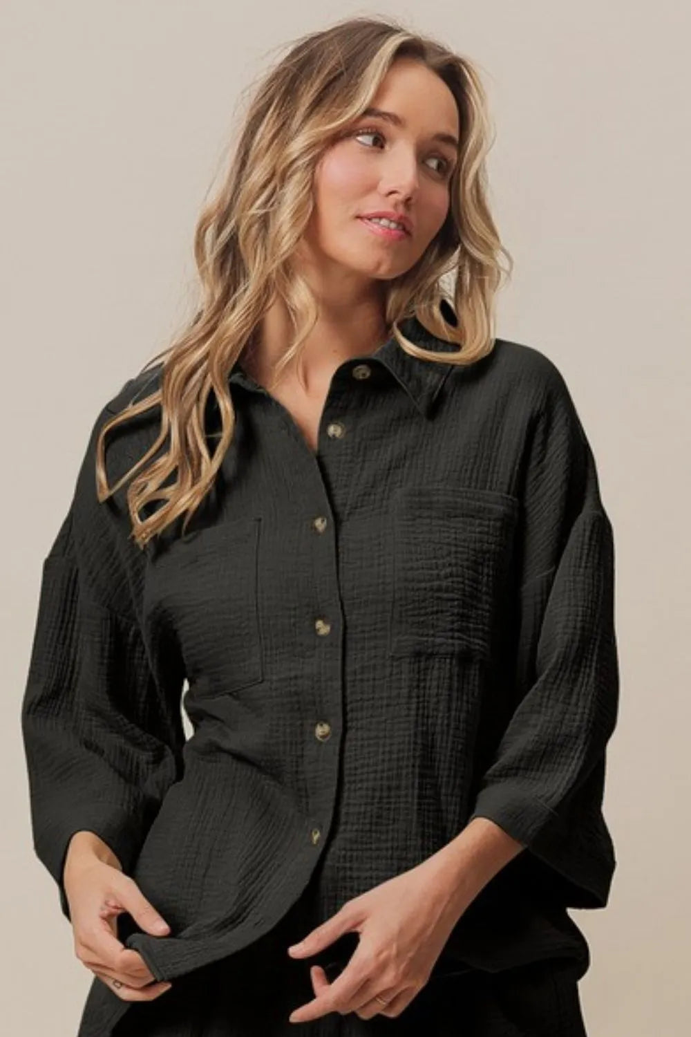 BiBi Black Crinkle Gauze Shirt and Short Set