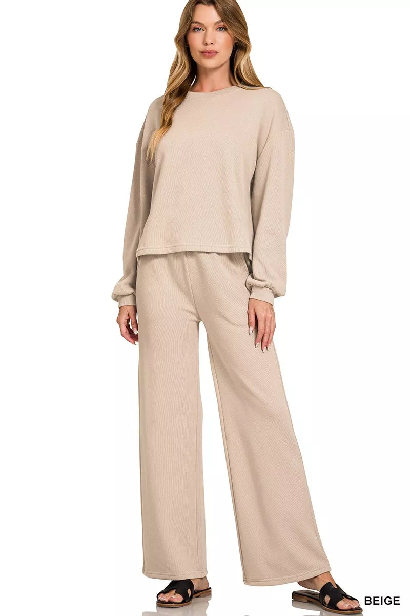 Zenana Beige French Rib Pullover and Pants Set BEIGE