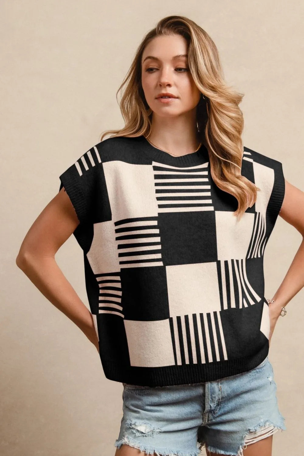 BiBi Black & Ivory Checker With Stripes Pattern Sleeveless Sweater BLACK IVORY