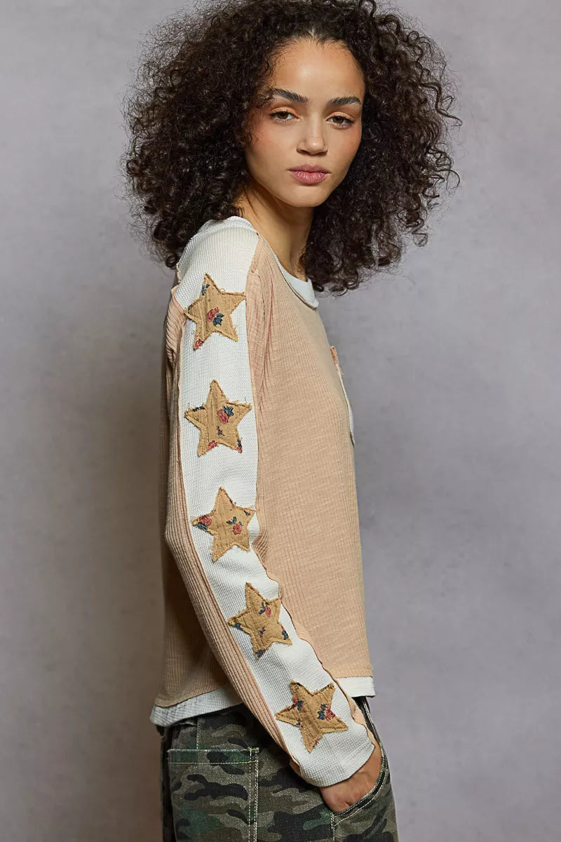 POL Nude Beige Round Neck Long Sleever T-Shirt with Star Patches