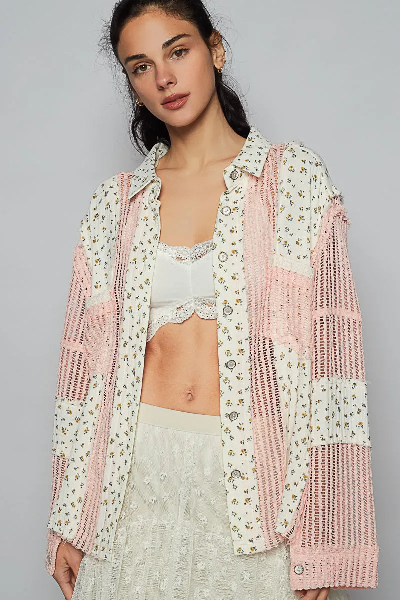 POL Floral Crochet Patchwork Long Sleeve Shirt