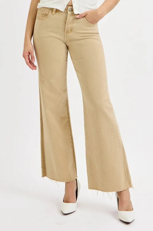 RISEN Tan Tummy Control Raw Hem Wide Leg Jeans