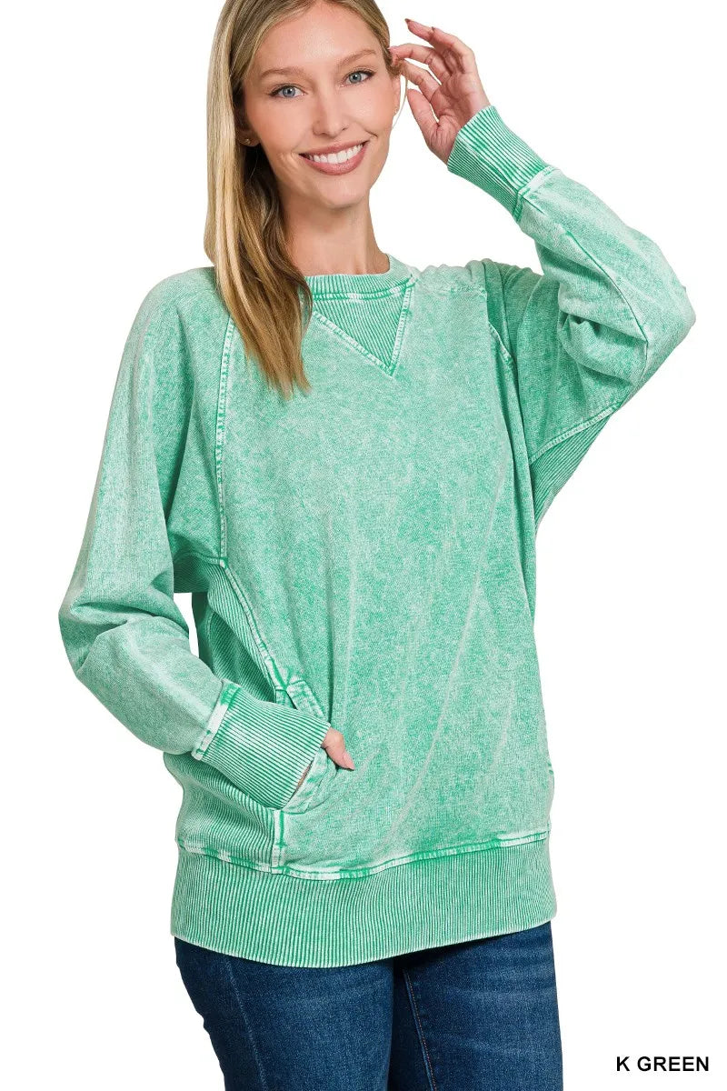 Zenana Kelly Green Washed Halo Snow French Terry Round Neck Sweatshirt