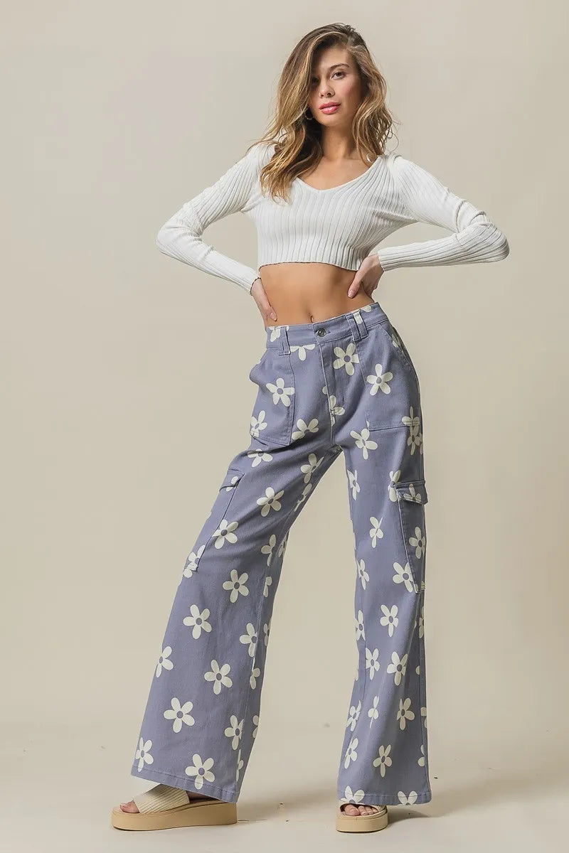 BiBi Dusty Lavender Flower Printed Side Pocket Wide Pants
