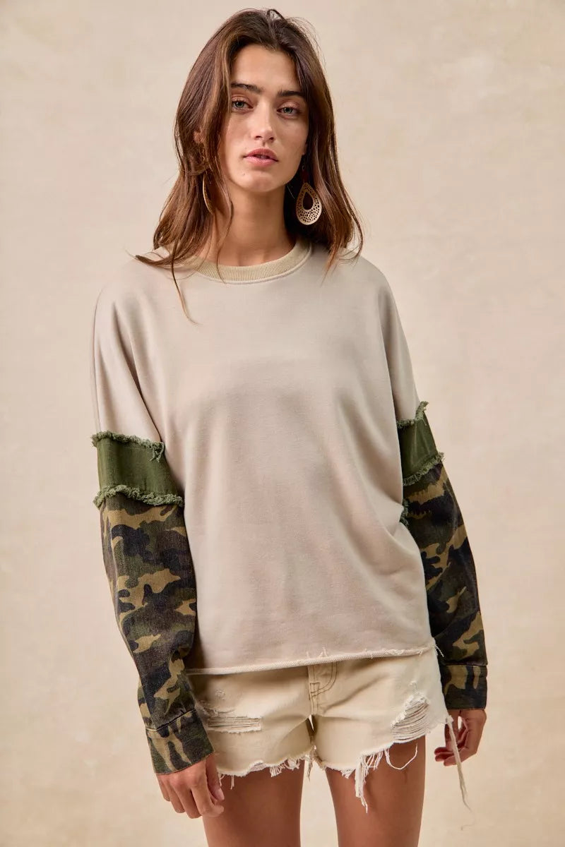 BiBi Taupe & Olive Camo Sleeve French Terry Top with Frayed Edge