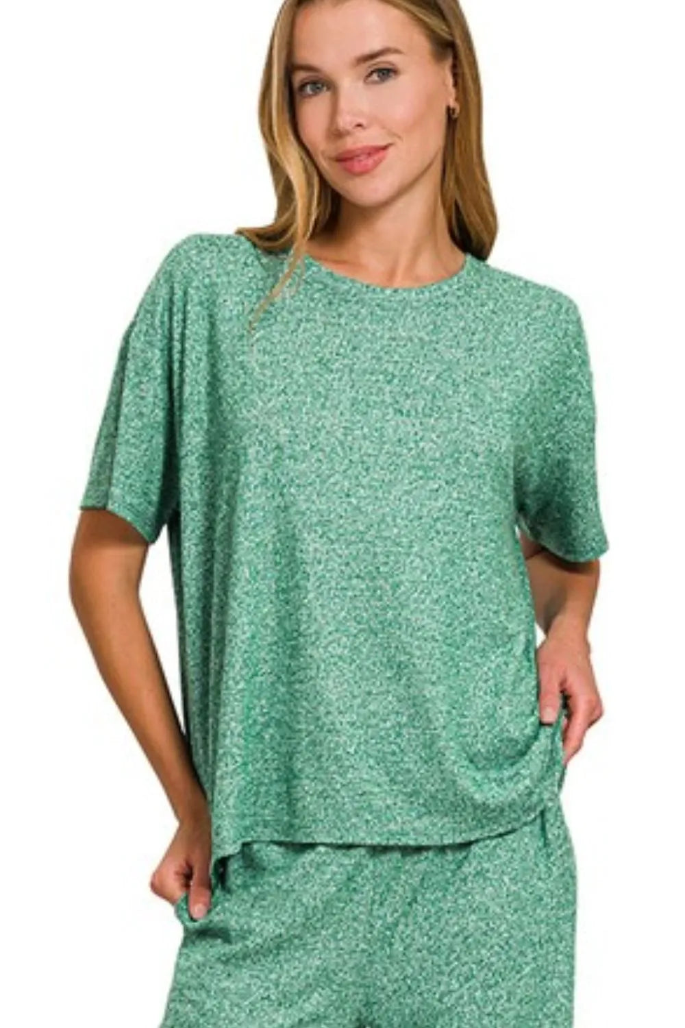 Zenana Dark Green Soft Melange Short Sleeve Tee & Long Pants Set
