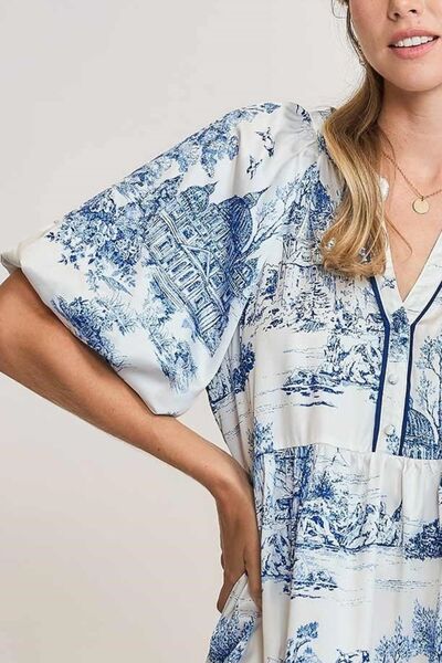 Umgee Blue Two Tone Landscape Print Dress with Balloon Sleeves