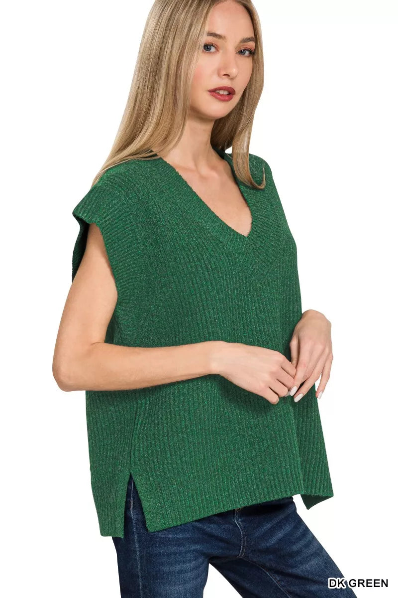 Zenana Dark Green Ribbed Slit V-Neck Sweater Vest