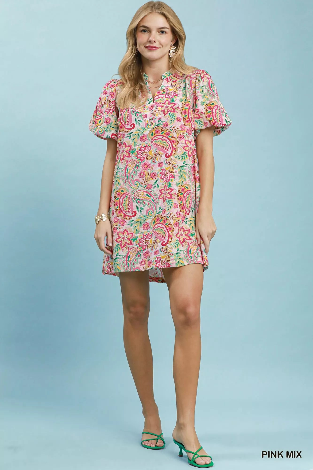 Umgee Pink Mix Paisley Floral Puff Sleeve Shift Dress